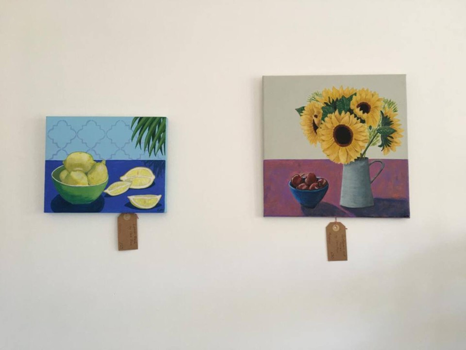 Artwork for sale - sunflowers and fruit bowl - Painter Cottage