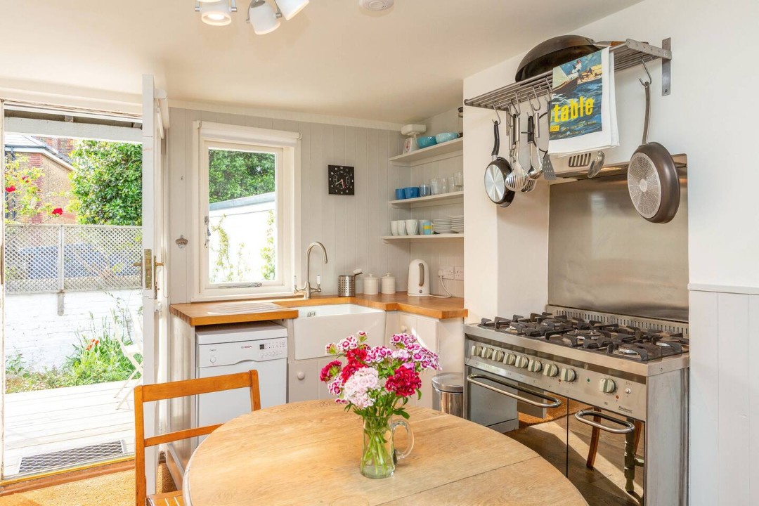 opwn plan living room, dining room and kitchen with log burner - Boatswains Cottage